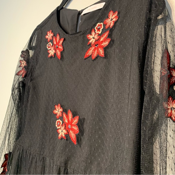 ZARA | Trafaluc Collection Black and Red Floral Embroidered Dress - Picture 3 of 14